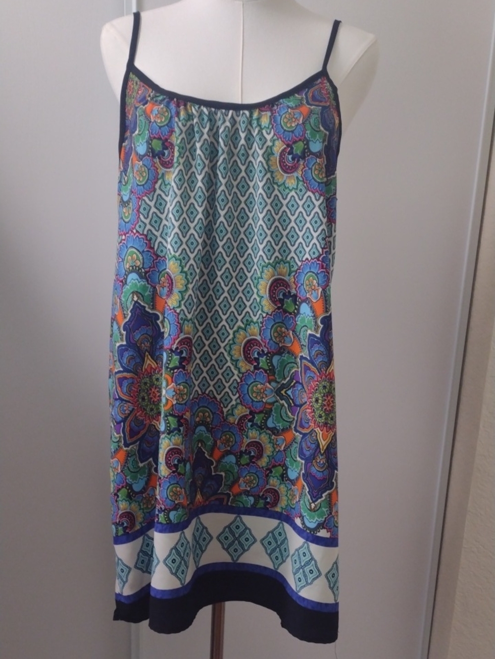 a'gaci USA Large Boho Camisole Navy Blue Multicolor Printed Midi Slip Skirt